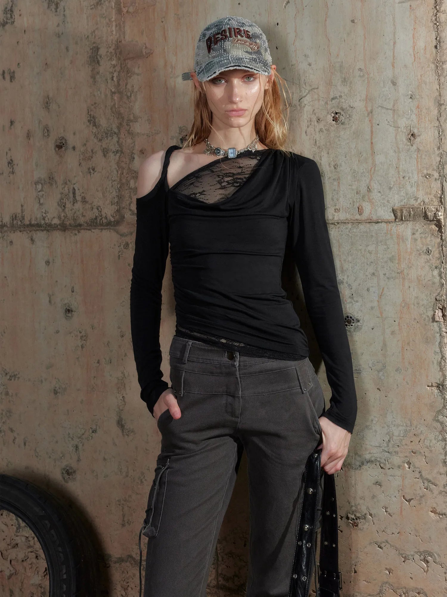 Lace Trimmed Off Shoulder Long Sleeve Top