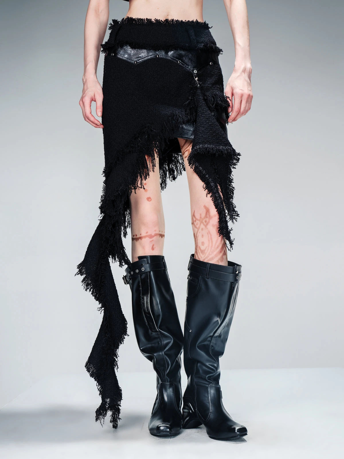 Fringed Tweed Set Edgy Jacket Asymmetric Skirt