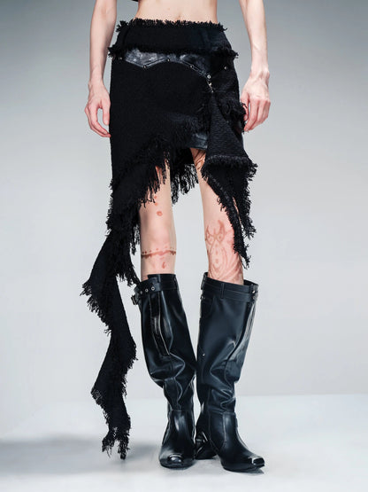 Fringed Tweed Set Edgy Jacket Asymmetric Skirt