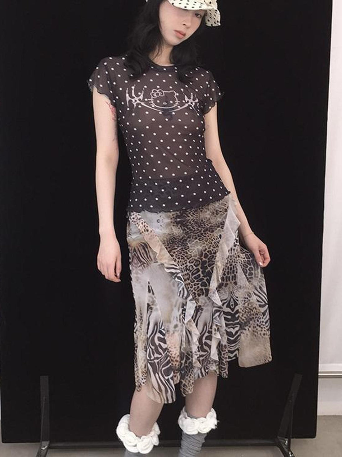 Black Kitty Star Print Mesh Stretch T-Shirt