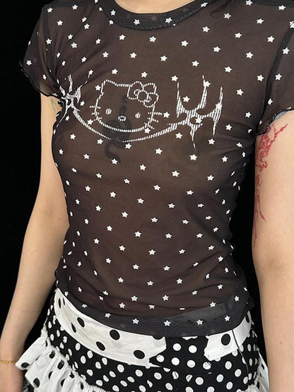 Schwarzes Mesh-Stretch-T-Shirt mit Kitty-Sternen-Print 