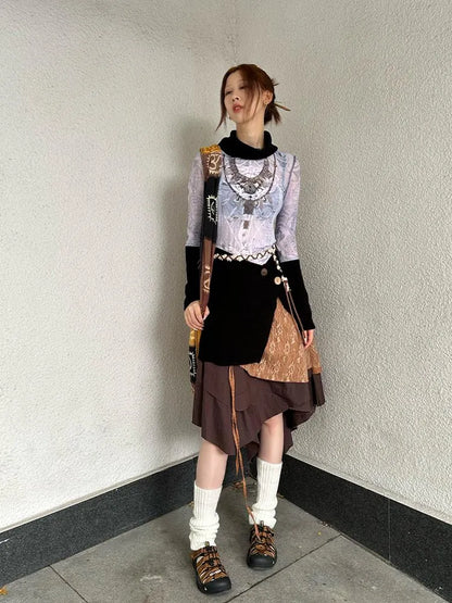 Black Knit Stretch Coconut Button Wrap Skirt