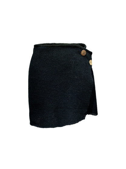 Black Knit Stretch Coconut Button Wrap Skirt