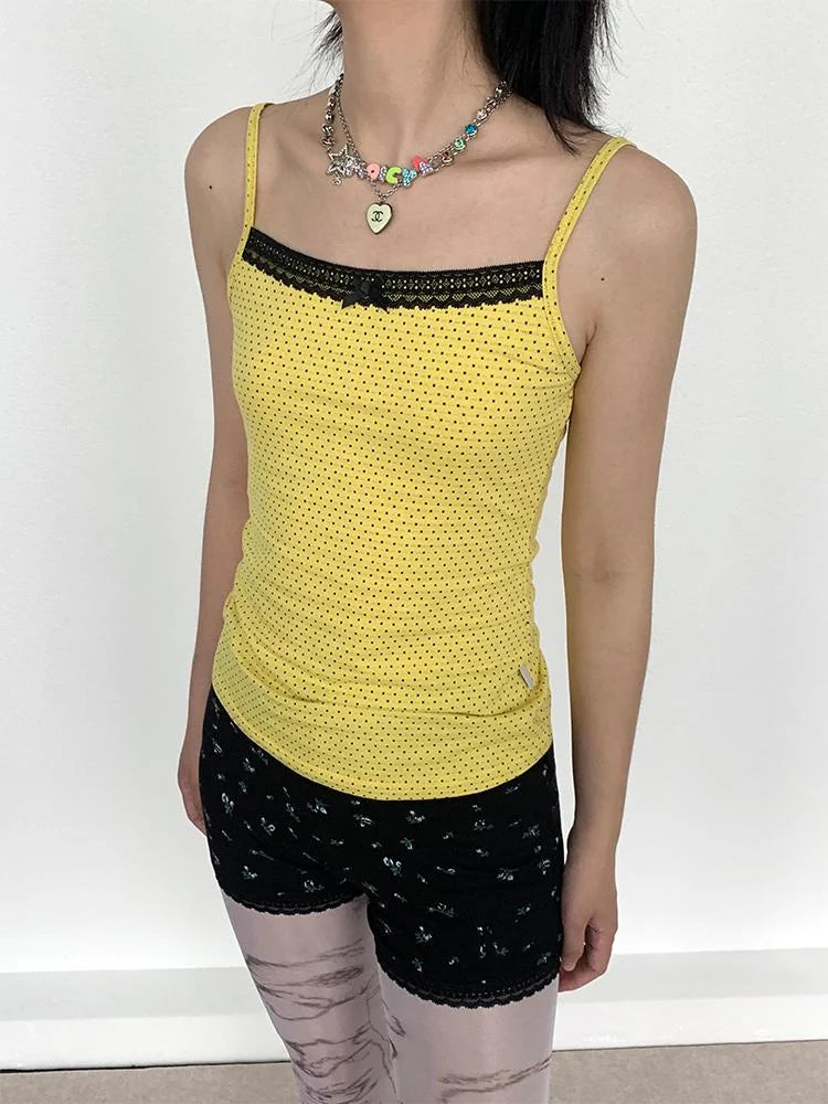 Black Lace Trim Yellow Polka Dot Cami Top