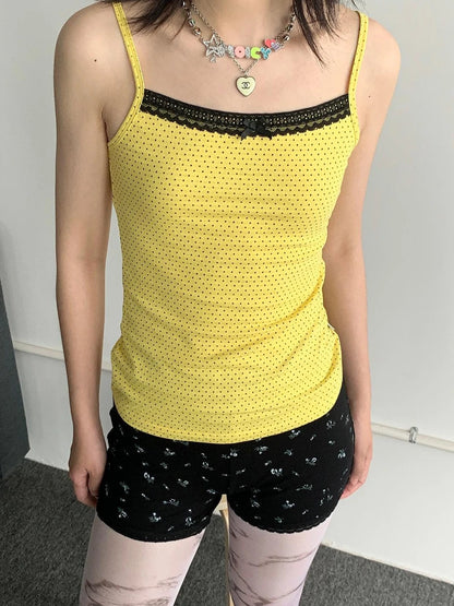 Black Lace Trim Yellow Polka Dot Cami Top