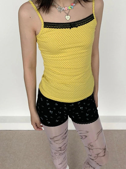 Black Lace Trim Yellow Polka Dot Cami Top