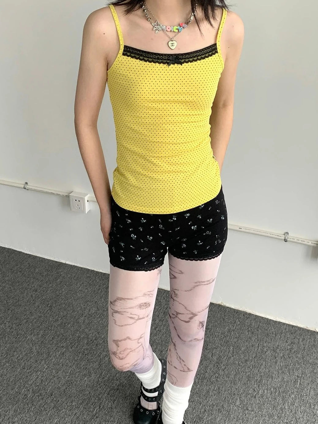 Black Lace Trim Yellow Polka Dot Cami Top