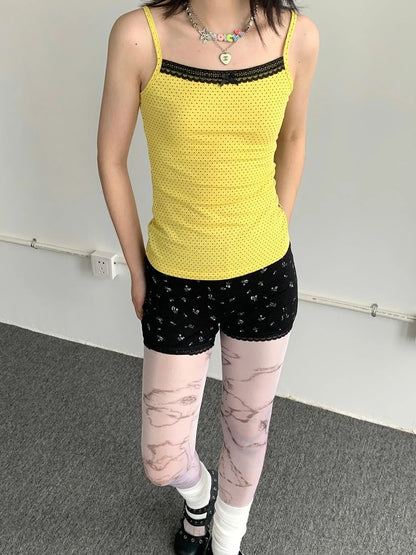 Black Lace Trim Yellow Polka Dot Cami Top