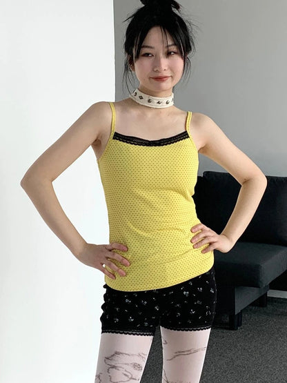 Black Lace Trim Yellow Polka Dot Cami Top