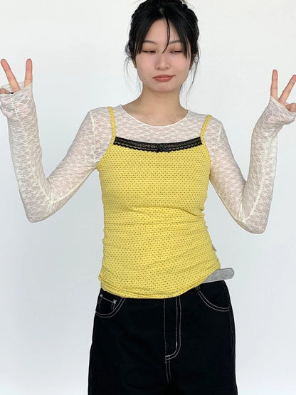 Black Lace Trim Yellow Polka Dot Cami Top