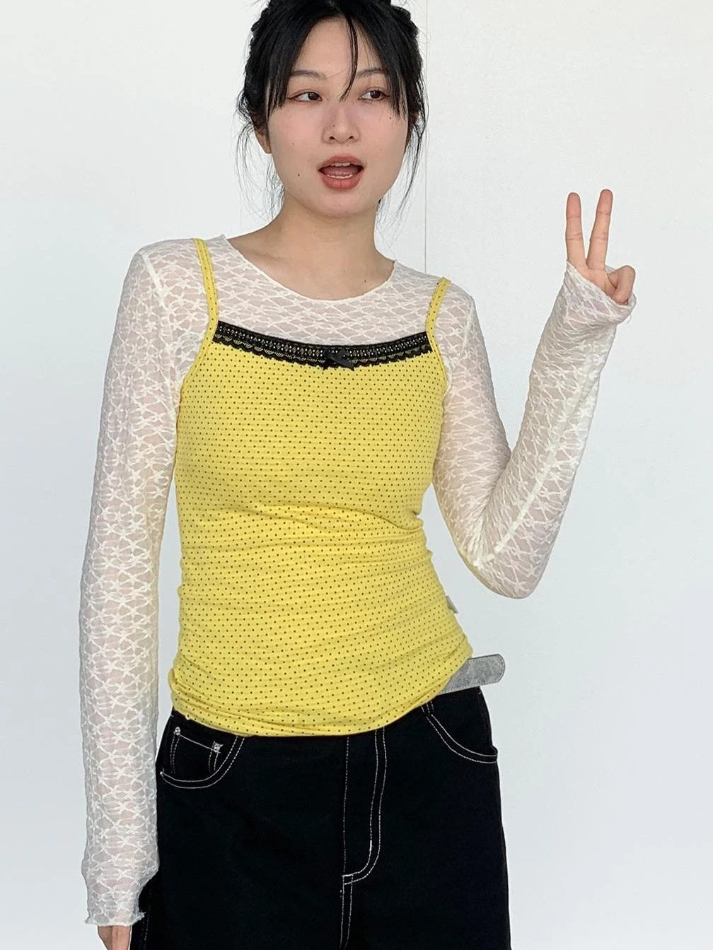 Black Lace Trim Yellow Polka Dot Cami Top