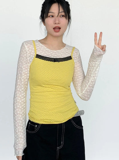 Black Lace Trim Yellow Polka Dot Cami Top