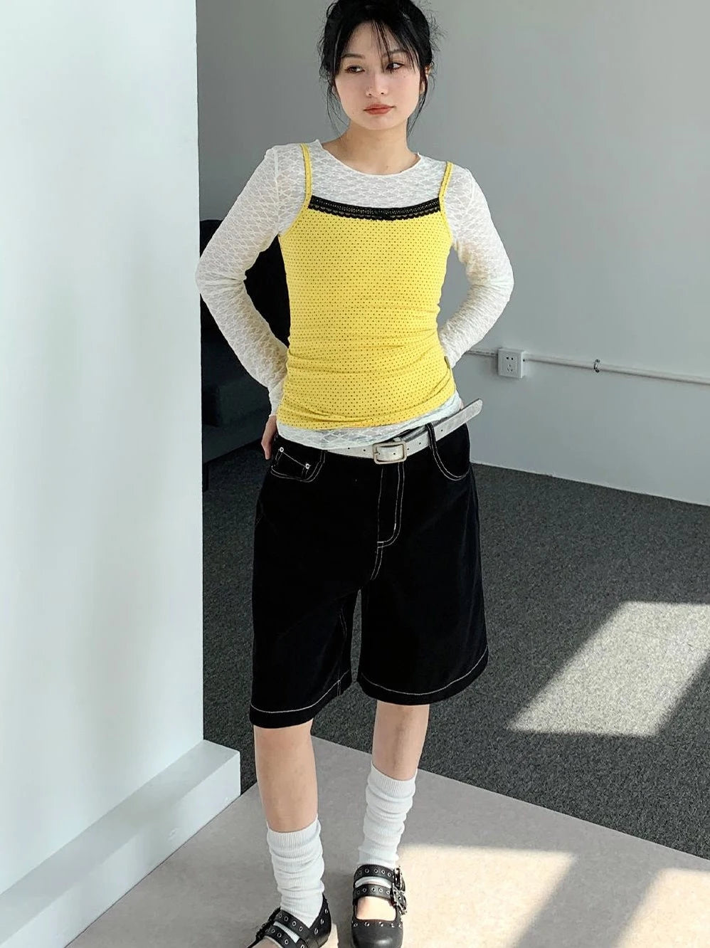 Black Lace Trim Yellow Polka Dot Cami Top