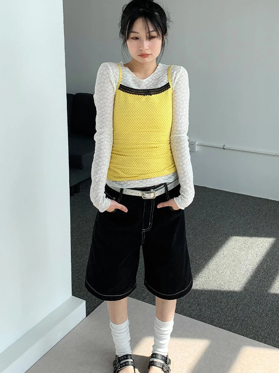 Black Lace Trim Yellow Polka Dot Cami Top