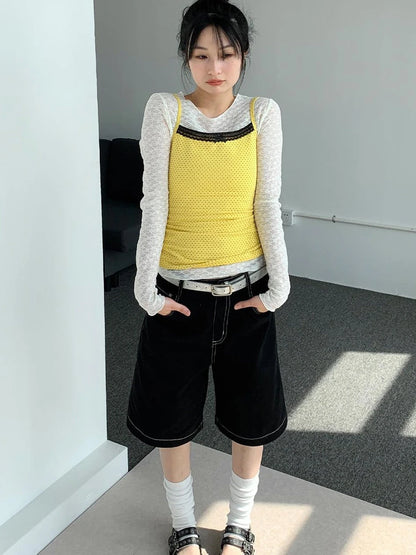 Black Lace Trim Yellow Polka Dot Cami Top