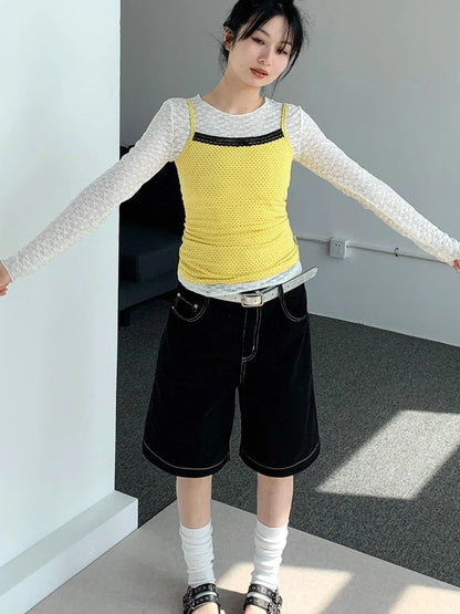 Black Lace Trim Yellow Polka Dot Cami Top