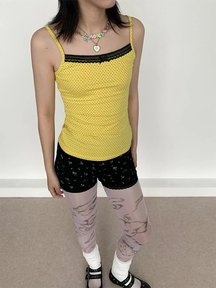 Black Lace Trim Yellow Polka Dot Cami Top