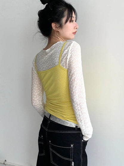 Black Lace Trim Yellow Polka Dot Cami Top