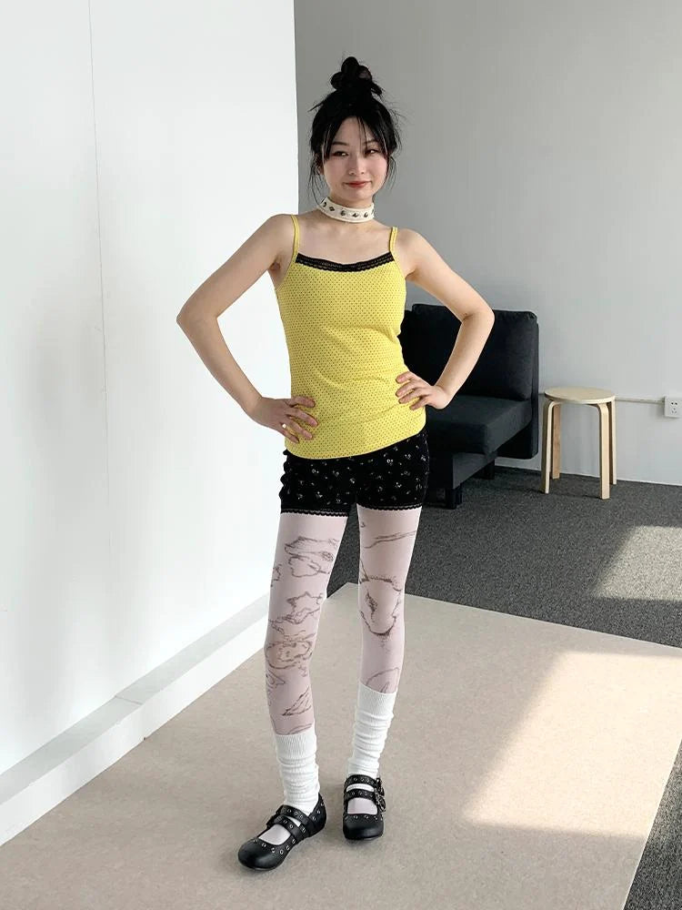 Black Lace Trim Yellow Polka Dot Cami Top