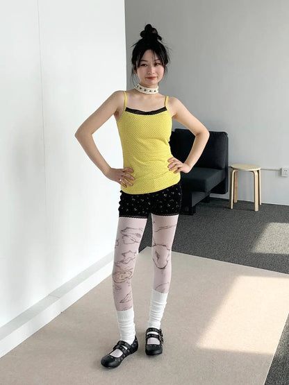 Black Lace Trim Yellow Polka Dot Cami Top