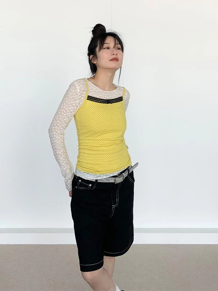 Black Lace Trim Yellow Polka Dot Cami Top