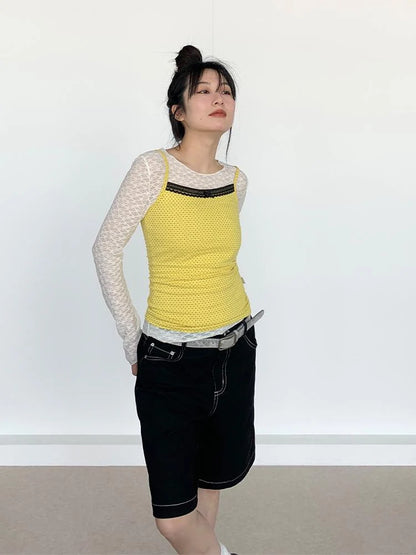 Black Lace Trim Yellow Polka Dot Cami Top