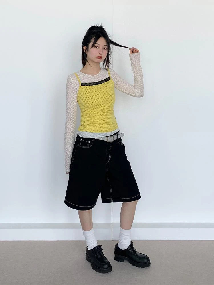 Black Lace Trim Yellow Polka Dot Cami Top