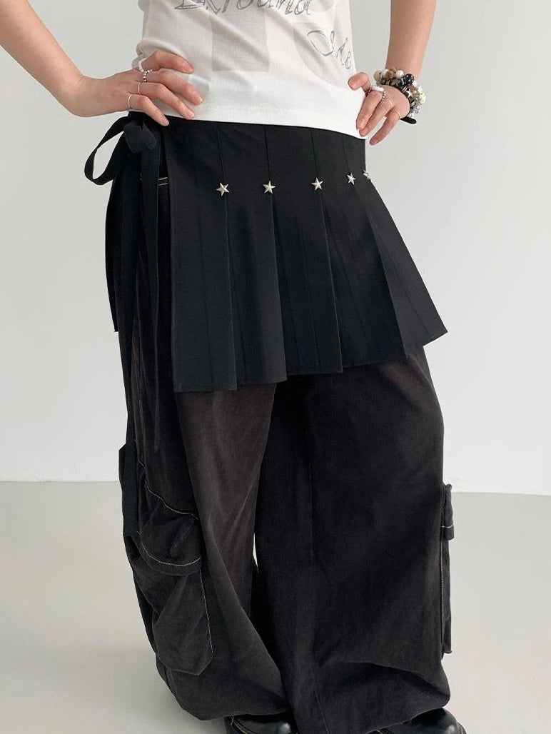 Black Layered Star Rivet Pleated Skirt Women Korean Fashion Skirts