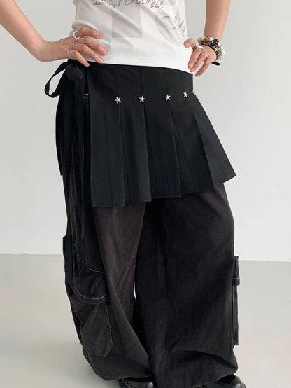 Black Layered Star Rivet Pleated Skirt Women Korean Fashion Skirts
