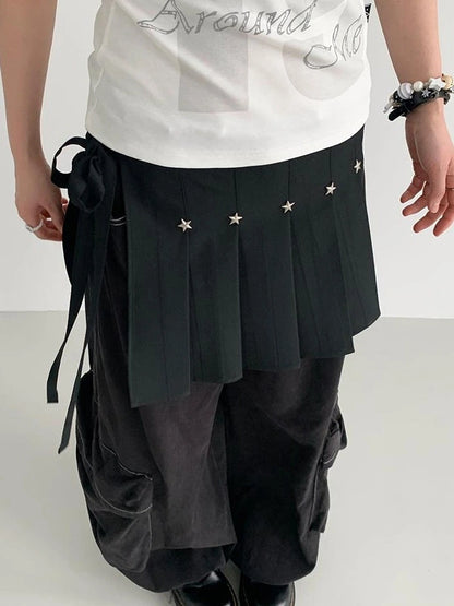 Black Layered Star Rivet Pleated Skirt Women Korean Fashion Skirts