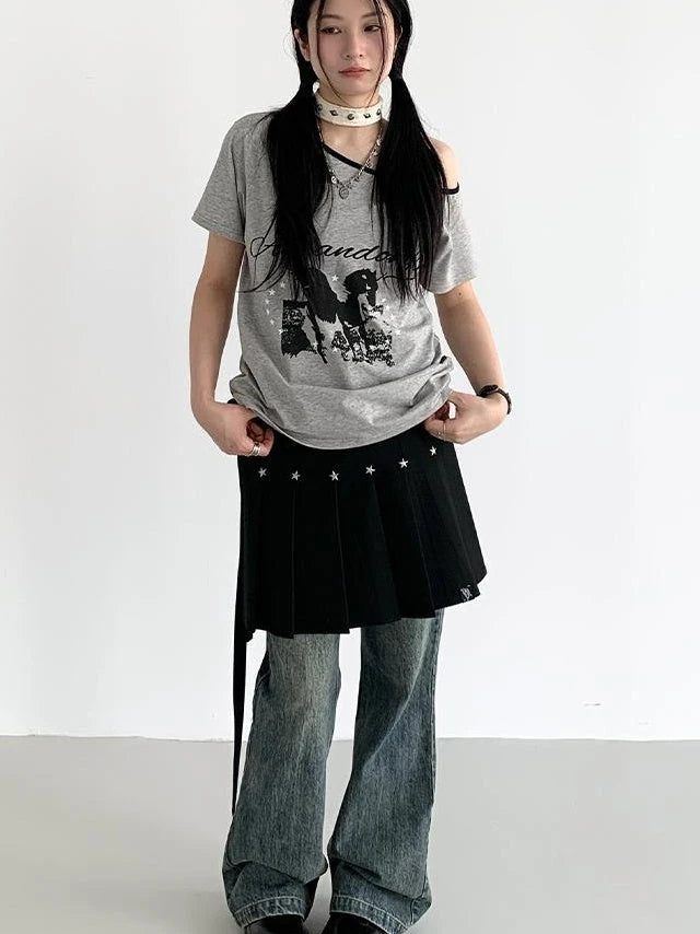 Black Layered Star Rivet Pleated Skirt Women Korean Fashion Skirts