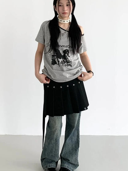 Black Layered Star Rivet Pleated Skirt Women Korean Fashion Skirts