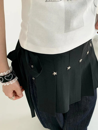 Black Layered Star Rivet Pleated Skirt Women Korean Fashion Skirts