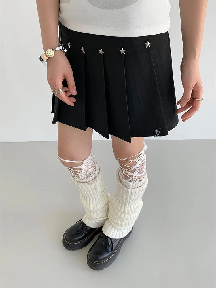 Black Layered Star Rivet Pleated Skirt Women Korean Fashion Skirts