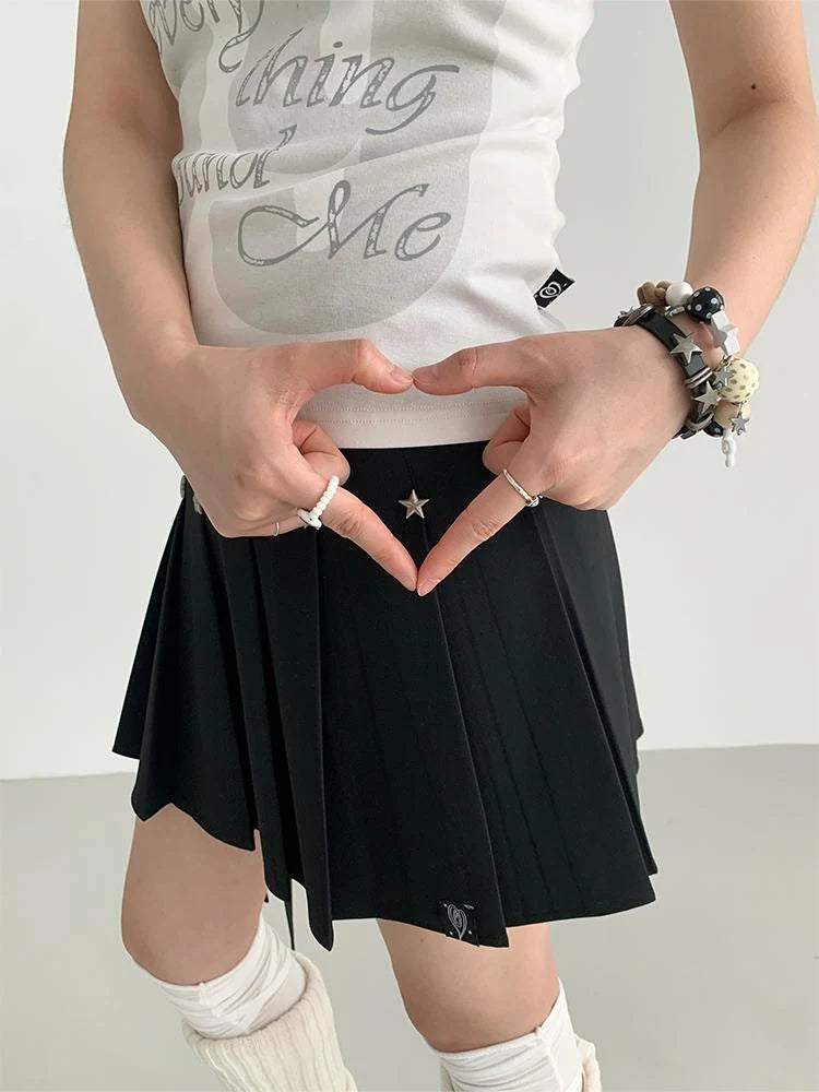 Black Layered Star Rivet Pleated Skirt Women Korean Fashion Skirts
