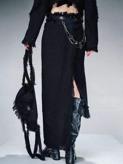Fringed Tweed Set Edgy Jacket Asymmetric Skirt