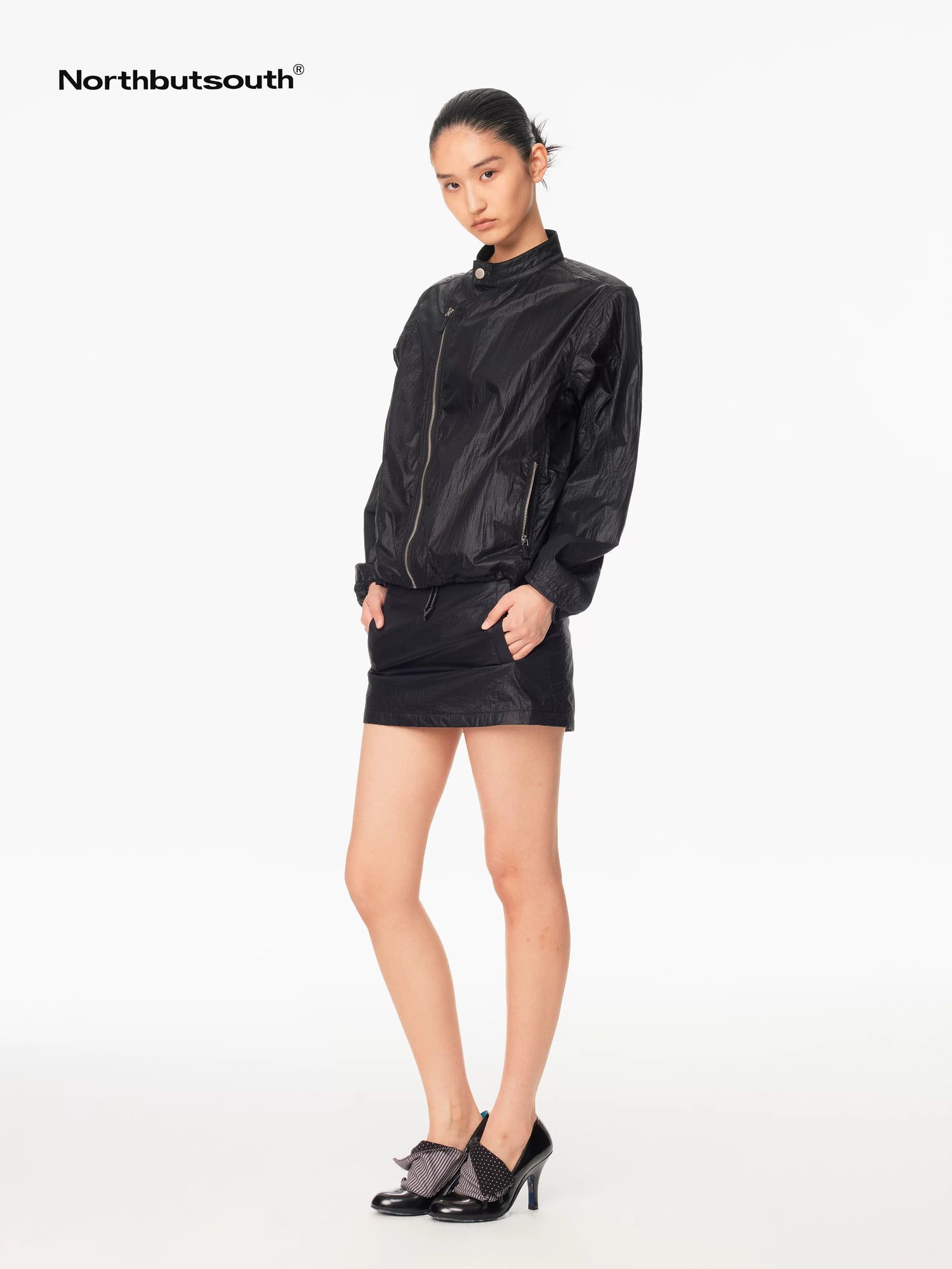 Black Matte Asymmetrical Zipper Stand Collar Women&