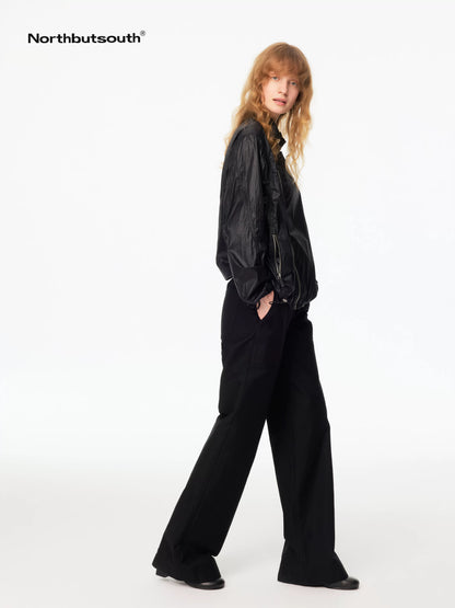Black Matte Asymmetrical Zipper Stand Collar Women&