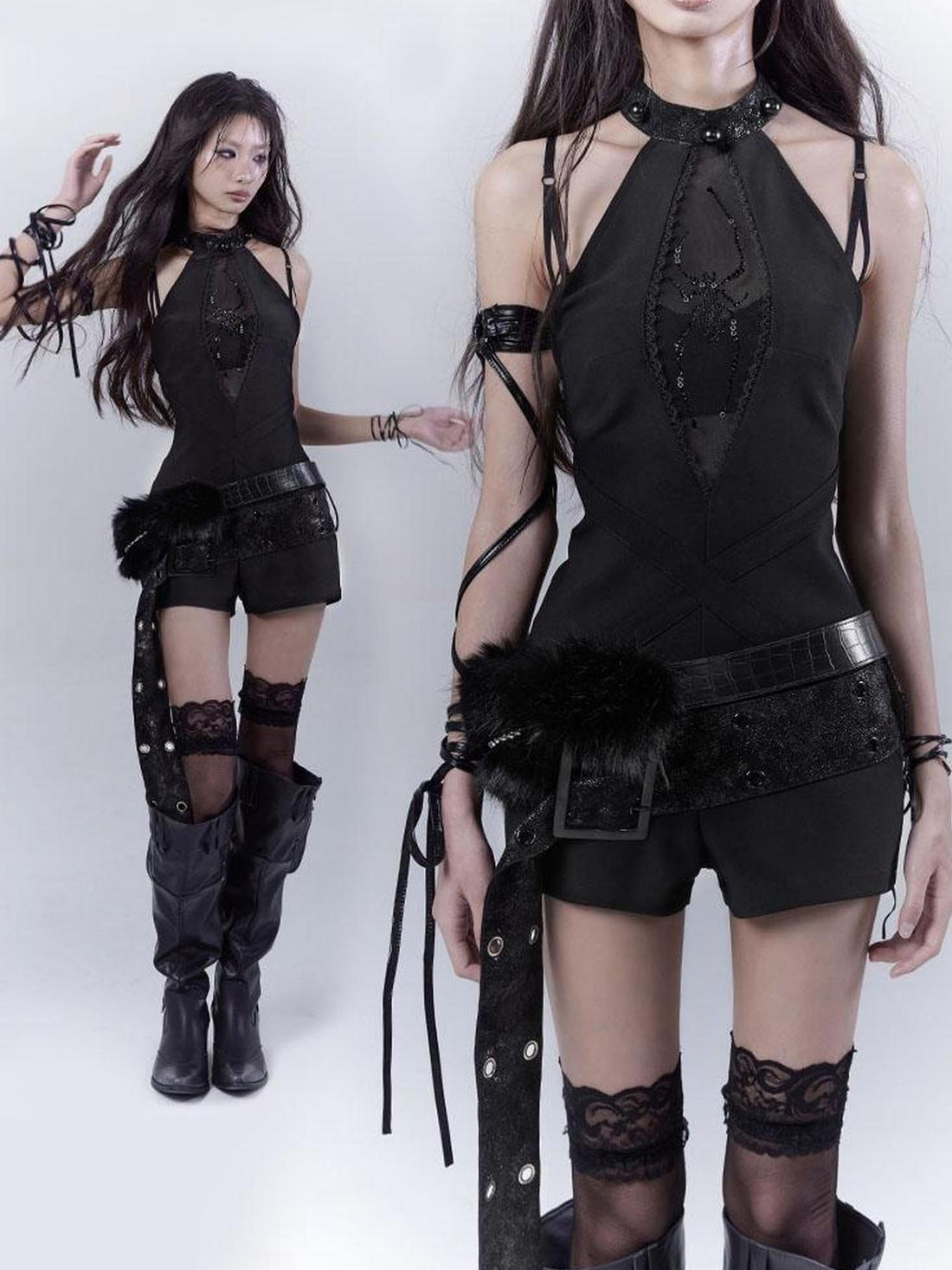 WSW WUSHENWU Black Pearl Rhinestone Cutout High Waist Slim Fit Pants