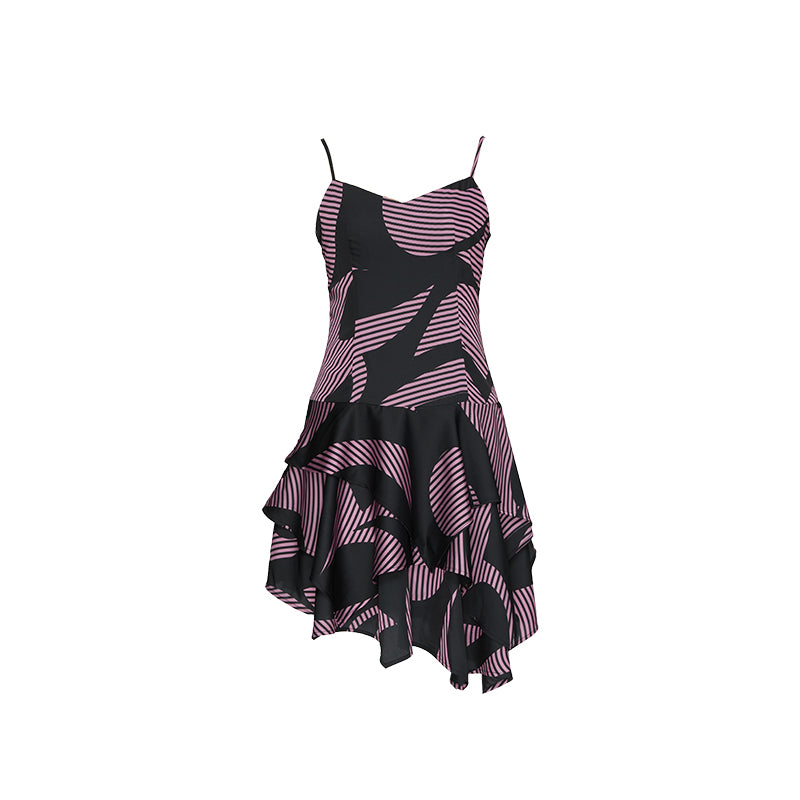 YOSHUYUKI s Geometric Stripe Print Asymmetric Hem Slip V-neck Dress