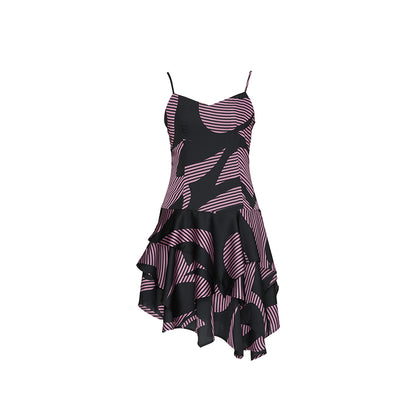 YOSHUYUKI s Geometric Stripe Print Asymmetric Hem Slip V-neck Dress