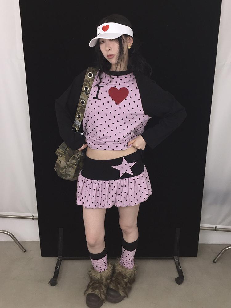 Black Pink Polka Dot Low Waist Pleated Bubble Dresses
