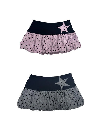 Black Pink Polka Dot Low Waist Pleated Bubble Dresses