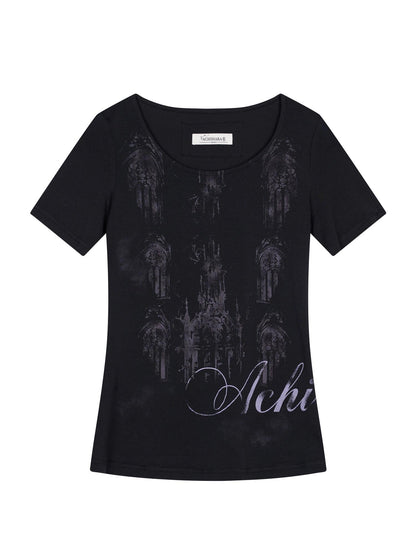 Achihara Romanesque Print Tee V-neck T-shirt Long-Sleeve