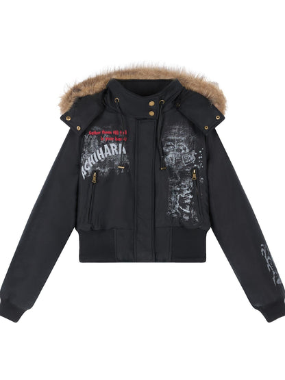 Achihara Vintage Han Stone Print Detachable Hood Puffer