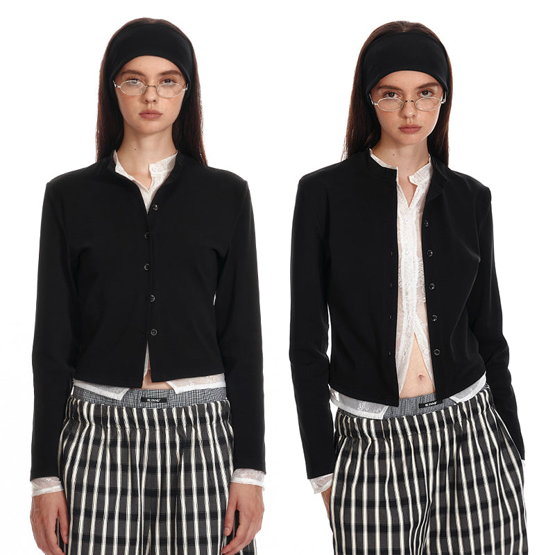 ALINNV STUDIO Lace Paneled Black Knit Long Sleeve Shirt