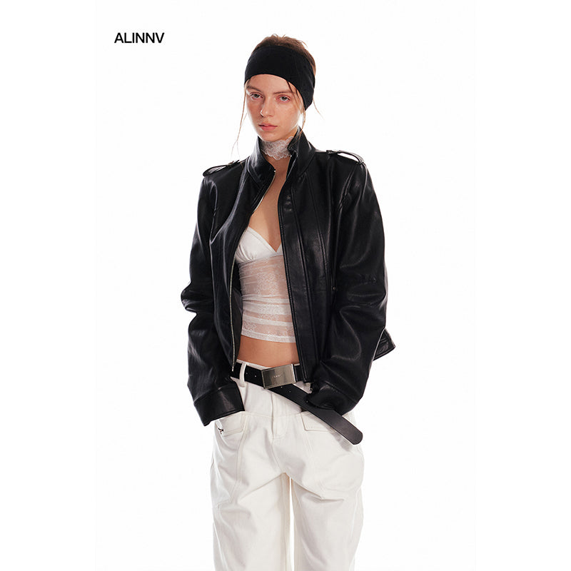 ALINNV STUDIO Vintage Leather Jacket With Studs Asymmetrical Sleeves