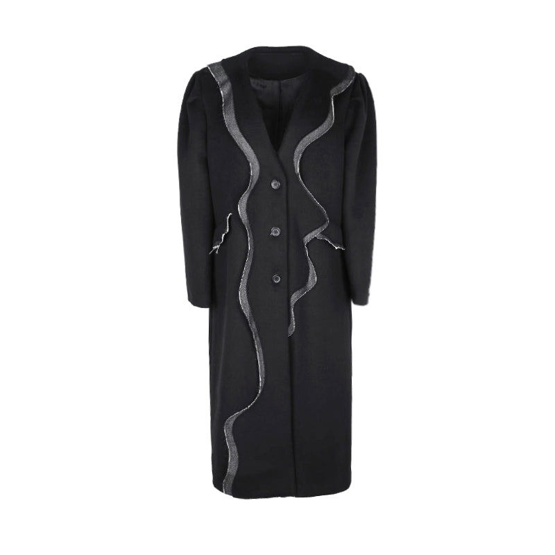 ALINNV STUDIO Wavy Trim Wool Blend Coat with Denim Details