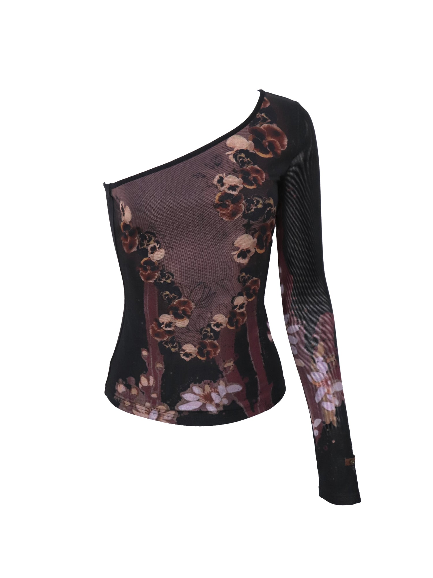 Cropped Mesh Knit Top Asymmetric Shoulder Print Design