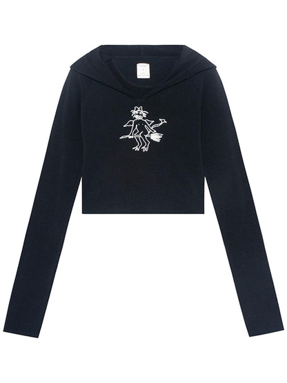 Achihara Magic Broom Print Hooded Long Sleeve Tee